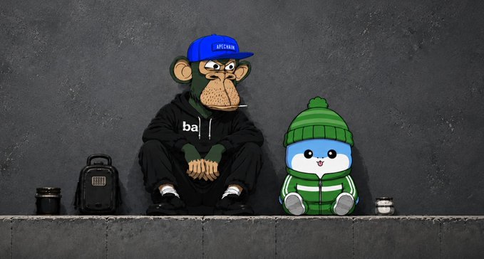 The image shows a Bored Ape NFT character wearing a blue cap and black "balenciaga" hoodie sitting next to a cartoon blue character in a green beanie and tracksuit, alongside a small black backpack and jar, against a dark concrete wall.

The post's message about signing off from the internet for the night is reflected in the image's laid-back, end-of-day vibe, with the two characters appearing to settle in for the evening as if saying goodnight to the @EthraShip community.