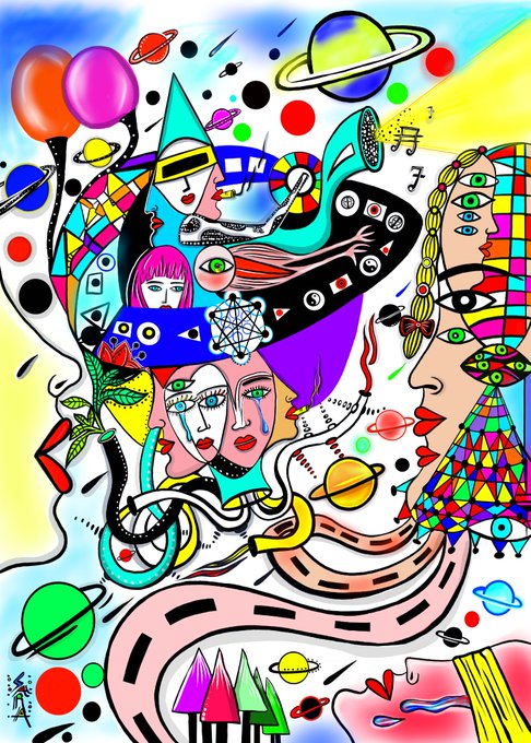 A vibrant, psychedelic digital illustration features abstract faces, planets, eyes, musical notes, and geometric patterns in bright neon colors.