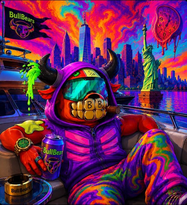 A vibrant, psychedelic digital artwork depicting a horned red creature in a purple hoodie lounging on a yacht, holding a 'BullBears' energy drink can, with the NYC skyline and Statue of Liberty in the background.
