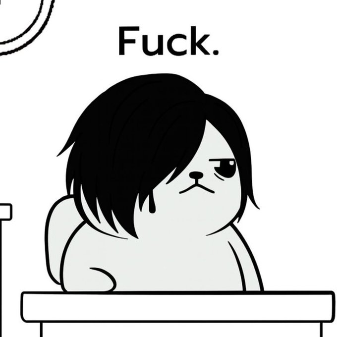 A black and white cartoon of a dog-like character sitting at a desk with an annoyed expression, captioned 'Fuck.'
