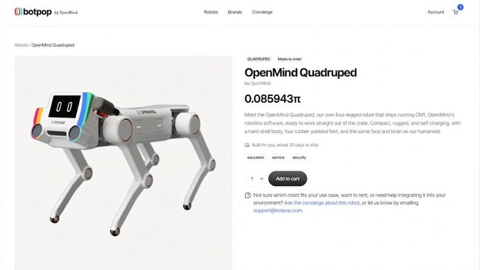 A product page on the 'botop' website for the 'OpenMind Quadruped' robot, priced at 0.085943π, describing it as a four-legged robot running CMT robotics software.