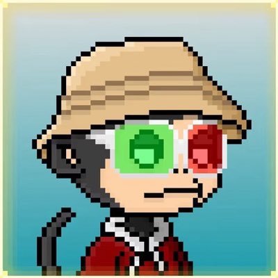 A pixel art portrait of a character wearing a tan cap and a red jacket, featuring distinctive rectangular glasses with one green lens and one red lens.