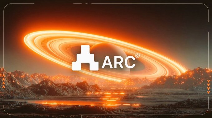 A stylized graphic featuring the 'ARC' logo and text overlaid on a dramatic cosmic scene depicting a planet with glowing orange rings resembling Saturn, set above a fiery, volcanic landscape.