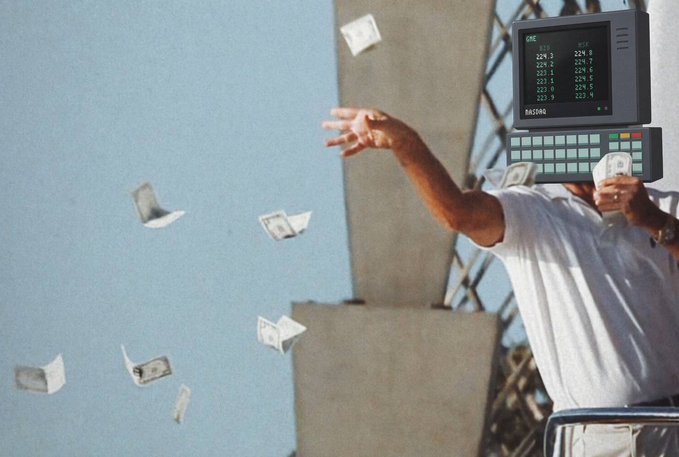 A man in a white t-shirt throws dollar bills into the air, with a BAS5000 device displaying the text 'HOME' and numerical values mounted where his head should be.