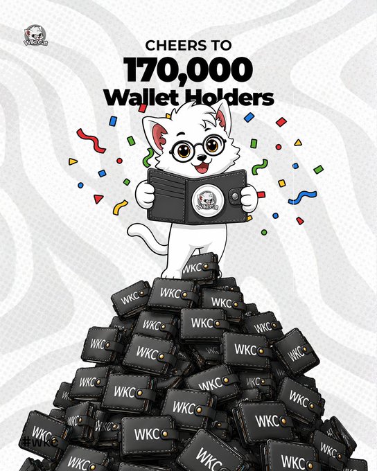 A cute cat character celebrates reaching 170,000 wallet holders by standing on a pile of wallets labeled "WKC," aligning with the post's message of gratitude and future milestones.