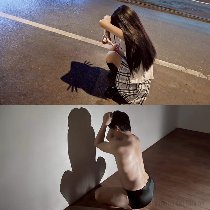 A two-panel image: top shows a woman in a plaid skirt crouching on a street with her shadow forming cat ears, bottom shows a shirtless man in black shorts kneeling with a similar cat-eared shadow on a wall.
