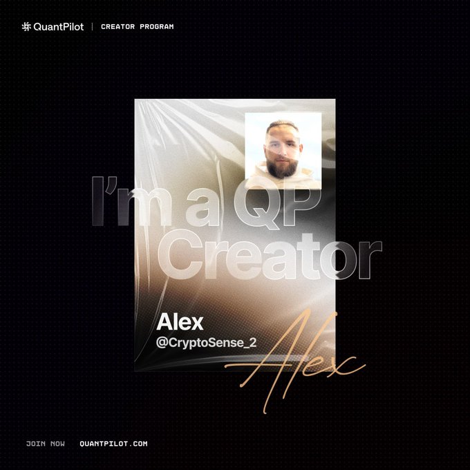 A promotional graphic for QuantPilot Creator Program featuring a creator named Alex (@CryptoSense_2) with the text 'I'm a QP Creator'.