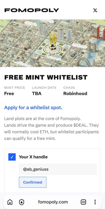 Fomopoly mobile webpage advertising a “FREE MINT WHITELIST,” listing “MINT PRICE Free,” “LAUNCH DATE TBA,” and “CHAIN Robinhood,” with an X-handle confirmation card for “@ab_geniuss.”