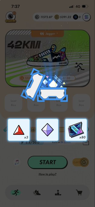 A mobile game screenshot from what appears to be a fitness app, showing a 'Jogger' character card with '42KMA' text, reward boxes being opened, and a green 'START' button at the bottom.