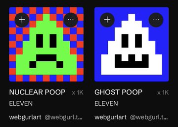 Two NFT pixel art listings on a marketplace: 'NUCLEAR POOP' (green on checkered background) and 'GHOST POOP' (white on blue), both priced at 1K by webgurlart.