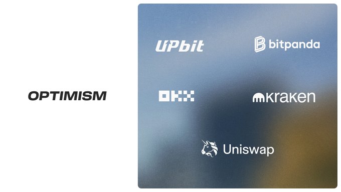 A graphic with the word 'OPTIMISM' next to a blue-tinted image showing logos of cryptocurrency exchanges and platforms: UPbit, bitpanda, OKX, kraken, and Uniswap.