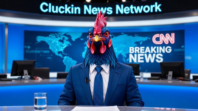 An AI-generated rooster wearing a blue suit and tie sits at a news desk with 'Cluckin News Network' displayed above and a 'CNN Breaking News' graphic behind.