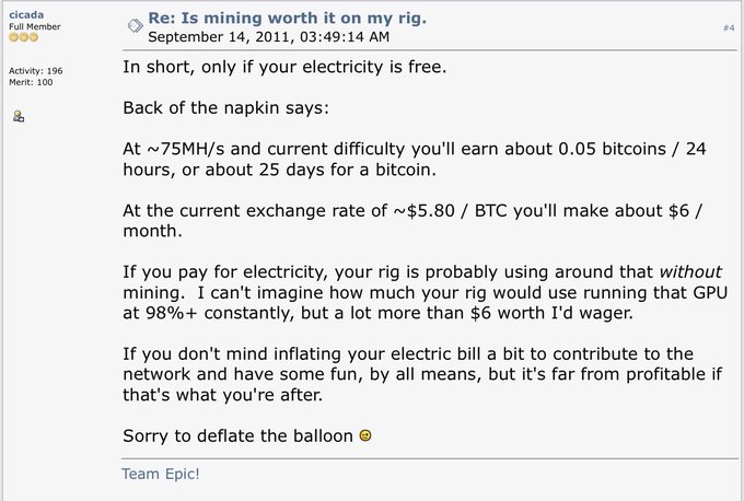 A 2011 forum post from user cicada titled "Re: Is mining worth it on my rig" explaining that at 75MH/s, mining would only earn about $6/month, making electricity costs likely exceed profits.
