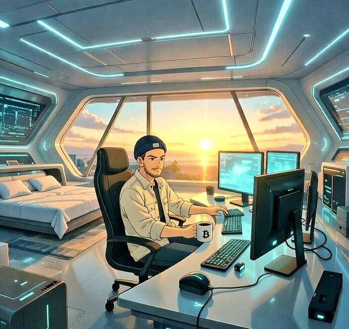 A man in a beanie works at a high-tech computer setup inside a futuristic sci-fi room with neon accents and a bed, while a sunset is visible through the large windows.