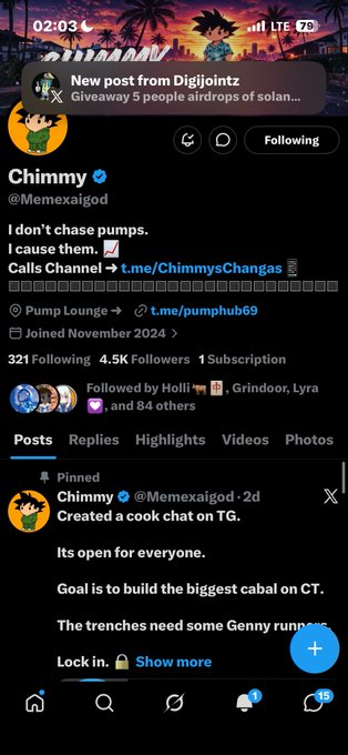 A Twitter/X profile for 'Chimmy' (@Memexaiod) showing 4.5K followers, with a pinned post about creating a cook chat on Telegram to build the 'biggest cabal on CT.'