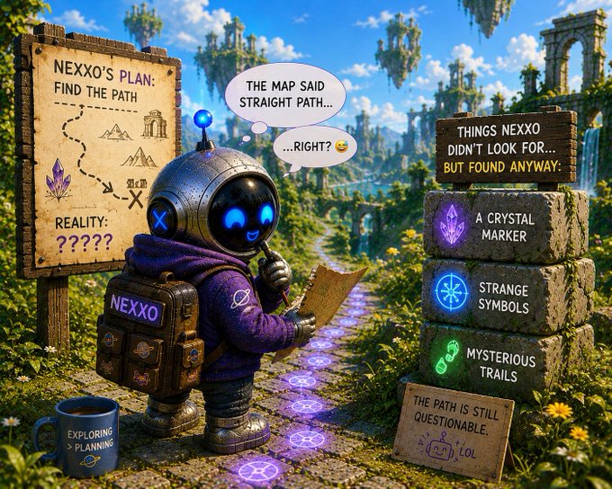 The image features a cartoon robot wearing a purple jacket, standing next to a sign that says "NEXXO" with an arrow pointing towards a path. The robot appears to be reading a map or instructions related to NEXXO's plan. In addition to the main character, there are other characters in the scene, including a backpack and a cup. The image also includes text elements such as "things nexo didn't look for... but found anyway."