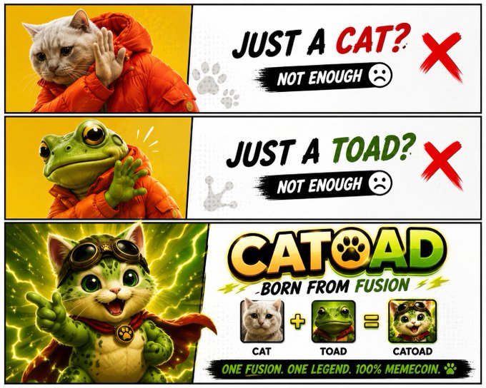 A meme-style graphic advertises a 'CATOAD' memecoin, showing that just a cat or just a toad is 'not enough,' but fusing them creates the legendary Catoad with the tagline 'ONE FUSION. ONE LEGEND. 100% MEMECOIN.'