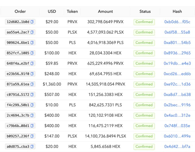 A cryptocurrency transaction ledger displaying confirmed orders with columns for Order ID, USD amount, Token type (PRVX, PLSX, PLS, HEX), Amount, Status, and Hash addresses.