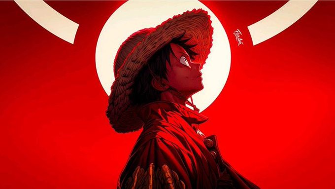 A stylized red-toned illustration of a man wearing a straw hat and goggles, set against a red background with a white circle.