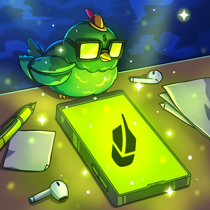 A stylized cartoon bird wearing sunglasses and a hat perches on a desk beside a glowing green device and earbuds, visually representing the post's playful reference to "Robbie" and Crypto Twitter (CT) as a long-term hold with real-world branding potential.