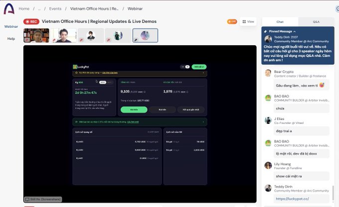 A screenshot of a webinar titled 'Vietnam Office Hours | Regional Updates & Live Demos' showing a presentation on 'VoltaRight' with a live chat sidebar in Vietnamese.