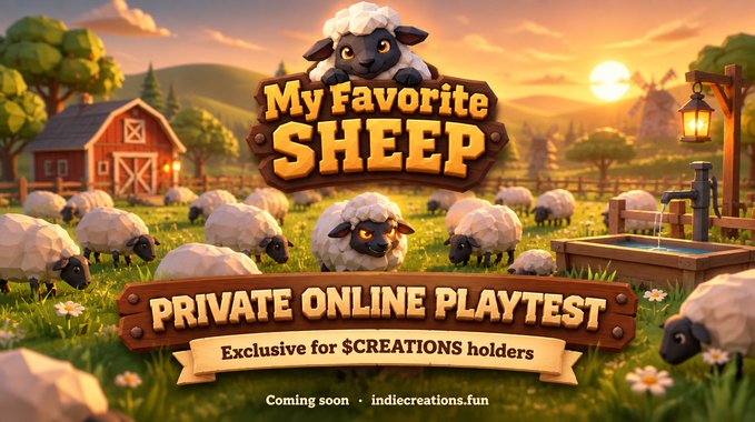 A promotional graphic for a game called 'My Favorite Sheep' featuring cartoon sheep in a farm setting, advertising a 'Private Online Playtest' for $CREATIONS holders with 'Coming soon' text.