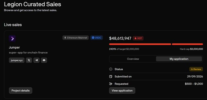 A screenshot of the Legion Curated Sales platform showing a live sale for "Jumper" (super-app for onchain finance) on Ethereum Mainnet, raising $48,613,947 USDC with status "In Review."