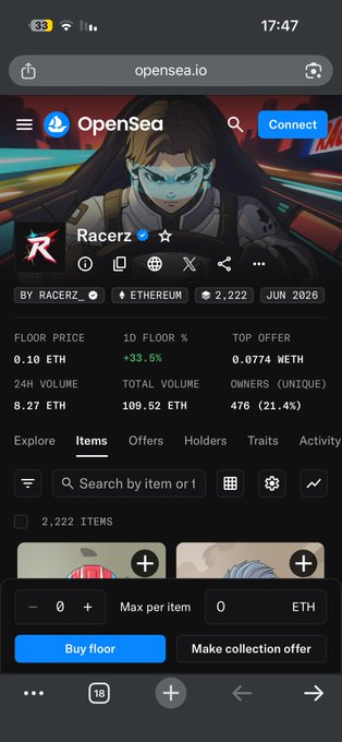An OpenSea page displays the "Racerz" NFT collection on Ethereum, showing 2,222 items with a floor price of 0.10 ETH and a 1D floor increase of +33.5%. The 0.10 ETH floor price aligns with the post's "First station: 0.1ETH" milestone on the path toward the 1ETH target for the Racerz collection.