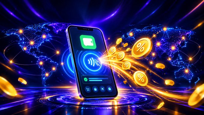 A smartphone displays a digital wallet app emitting a stream of golden coins with "%" symbols, set against a glowing blue world map with interconnected network nodes. The vibrant imagery visually reinforces the FlashPay airdrop promotion, symbolizing global cashback rewards and international payment connectivity across its 14 supported countries.