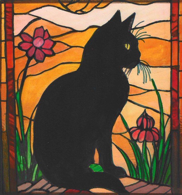 A stained glass artwork depicts a black cat silhouette sitting in profile against an orange sky with red flowers and green foliage.