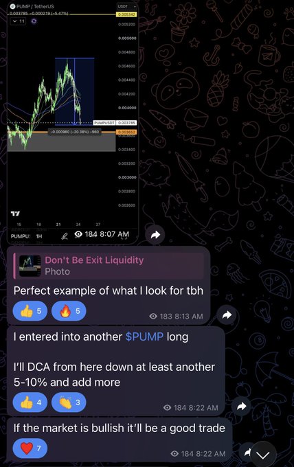 A Telegram chat screenshot showing a trader celebrating a profitable trade on $PUMP/USDT, displaying a chart with a highlighted entry near 0.003660 and messages referencing "Don't Be Exit Liquidity" and a planned $PUMP long position entered at 8:13 AM with an 8:22 AM update on DCA strategy.