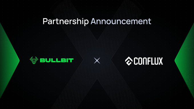 The image features a promotional poster for Bullit, a company that has recently joined forces with Conflux, an app development platform. The poster displays two green arrows pointing towards each other, symbolizing their partnership. The text "partnership announcement" is written in white at the top of the poster, and the names of both companies are displayed below it. The image also includes a watermark that reads "@Conflux_Network".