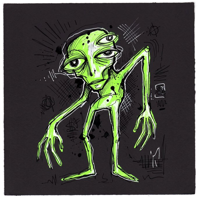 A stylized, sketch-like illustration depicts a lanky, green alien-like creature with three eyes, sharp claws, and long limbs standing against a dark background.