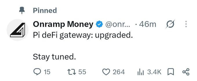 A pinned tweet from verified account @onr... (Onramp Money) reading 'Pi deFi gateway: upgraded. Stay tuned.' with 3.4K views.