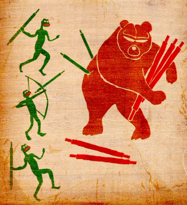A meme-style illustration showing three small green stick figures attacking a large red bear holding red sticks, set against a textured parchment background.