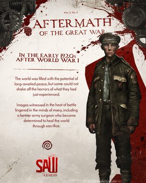 A promotional lore card for "Aftermath of the Great War" by SAW Genesis, dated Vol. 1, No. 1, depicts a weary WWI soldier in uniform alongside text describing a post-WWI world filled with horror and a former army surgeon turned battle surgeon. The image relates to the post announcing new lore cards for SAW Genesis, with more releases confirmed to follow.
