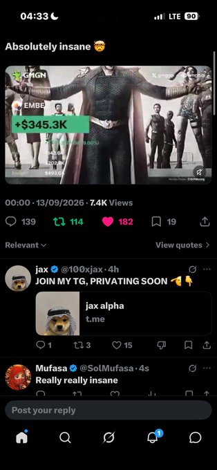 A screenshot of a social media post titled "Absolutely insane" showing a superhero figure with the caption "EMBEZ +$345.3K", displaying 7.4K Views, along with comment replies from users "jax" and "Mufasa".