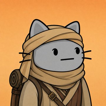 An illustrated cartoon cat wearing a beige head wrap and a brown robe with a strap across its chest, set against an orange background.
