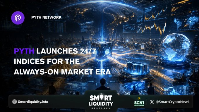 A promotional image for a website called "Smart Liquidity" with an overlay that reads "Pyth Launches 2447 Indices For The Always-On Market Era" accompanied by an illustration of a man standing next to a globe and a large building in a futuristic city setting.