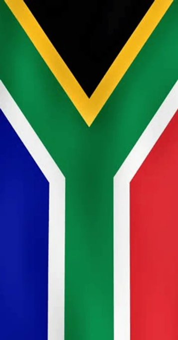 The flag of South Africa is displayed, featuring its distinctive Y-shape design with horizontal bands of red and blue at the bottom, a green vertical band, and a black triangle bordered by yellow at the top.