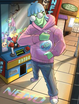 A cartoon-style illustration of a green-skinned character wearing a purple hoodie, holding a snow globe, with 'NIFTY' text at the bottom and an 'NFT' token labeled #9584 in the background.
