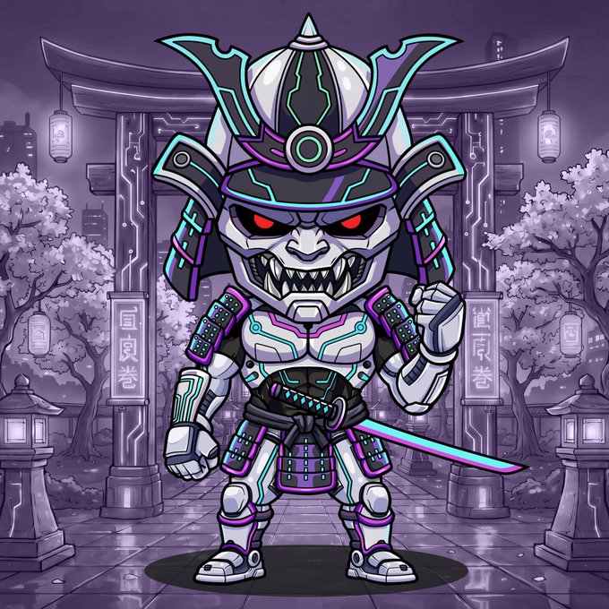 A futuristic robotic samurai with glowing red eyes and neon-accented armor stands before a traditional Japanese torii gate, blending cyberpunk aesthetics with samurai culture to promote the AIBORGZ NFT giveaway minting on OpenSea for Ξ 0.0055.