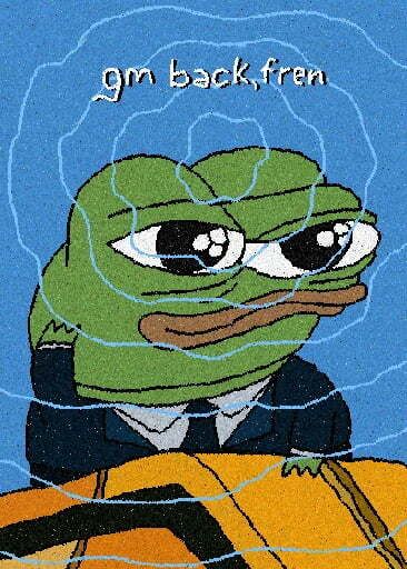 The classic Pepe the Frog meme with sad eyes and the text 'gm back fren' on a blue background.