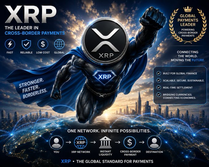A promotional graphic for 'XRP - THE LEADER IN CROSS-BORDER PAYMENTS' featuring a superhero figure with the XRP logo, highlighting features like 'FAST', 'RELIABLE', 'LOW COST', and 'GLOBAL'.