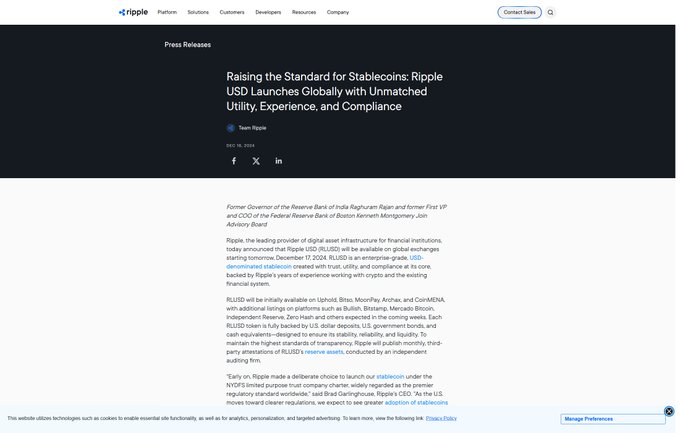 A Ripple press release webpage titled 'Raising the Standard for Stablecoins: Ripple USD Launches Globally with Unmatched Utility, Experience, and Compliance,' dated December 16, 2024, announcing the global launch of Ripple USD (RLUSD).