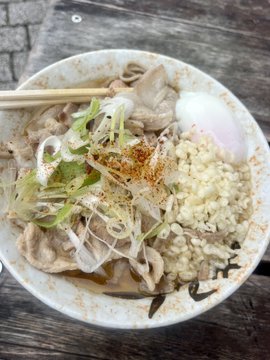 A top-down view of a Japanese-style noodle dish in a white bowl, topped with sliced pork, chopped green onions, crushed garlic, a soft-boiled egg, and chili flakes.