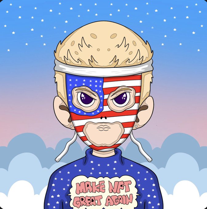 A cartoon character wearing an American flag mask, blonde hair, and a blue star-patterned sweater that reads 'MAKE NFT GREAT AGAIN' against a starry sky background.