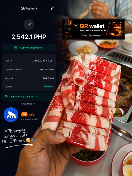 A screenshot of a successful crypto QR payment of 2,542.1 PHP via QR wallet on BNB Chain to ZHENBAO TERRACES, overlaid on a photo of a hand holding a tray of raw marbled beef slices.