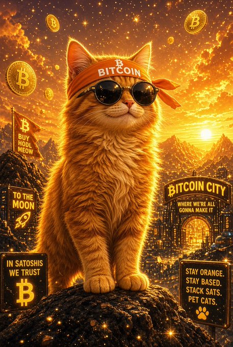 A stylized orange cat wearing Bitcoin sunglasses and a “BITCOIN” headband sits before Bitcoin coins, a sunset, and a “BITCOIN CITY” sign.