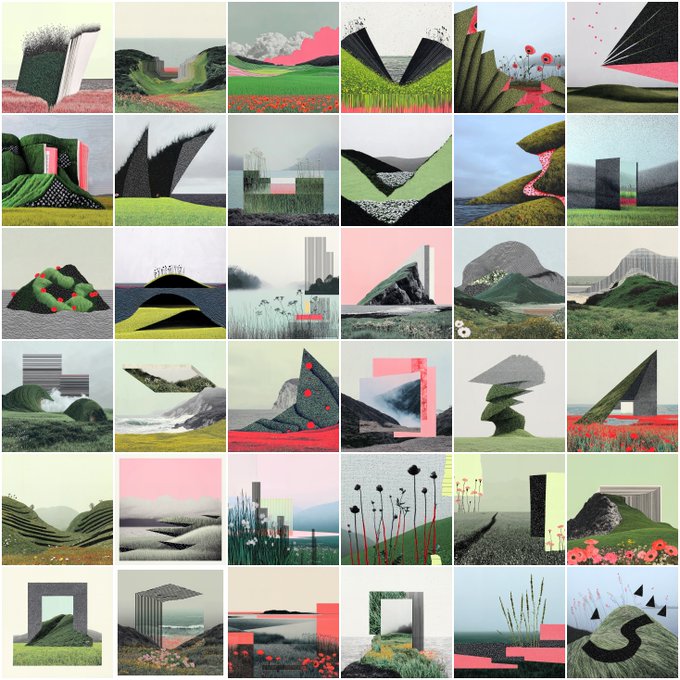 A grid of 36 small, colorful landscape illustrations displays abstract geometric shapes, rolling hills, and floral elements in a modern, mixed-media art style.